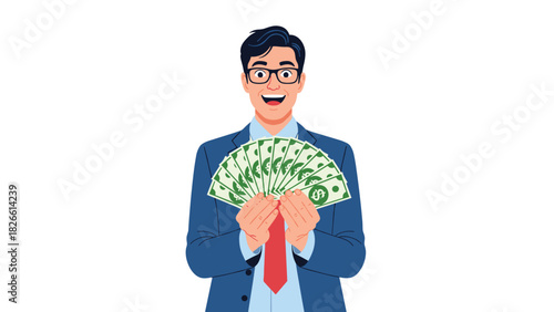 Successful businessman holding fan of money, celebrating financial gain and business growth with a bright, excited expression on white background