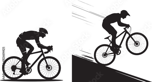 Downhill Cyclists Silhouette in High-Contrast Minimalist Style