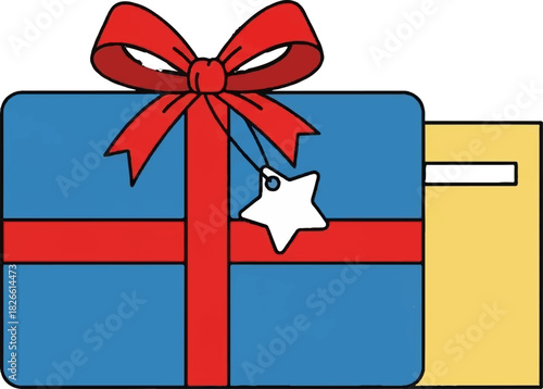 Blue gift box with red ribbon and bow for christmas or birthday celebration card