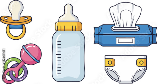 Baby essentials arranged neatly on a black background for newborn care products