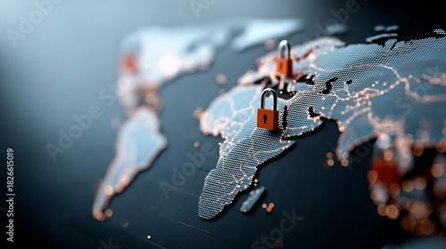 Digital world map with security locks, defocused global connections, cybersecurity concept, international data protection, worldwide safety visualization, network security technolo
