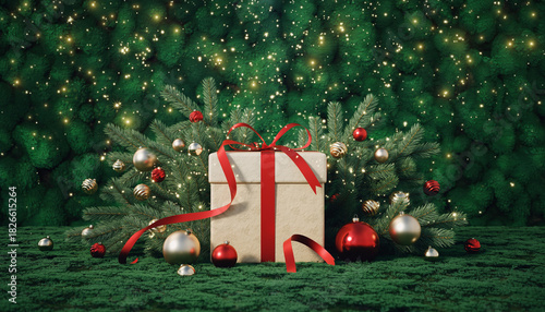 Escena navideña con ramas de pino y luces cálidas, adornada con bolas de colores y un regalo verde envuelto con un gran lazo rojo sobre fondo verde festivo.