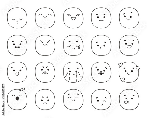 Set of outline faces with various expressions. Mental health, emotion, feeling concept. Doodle style
