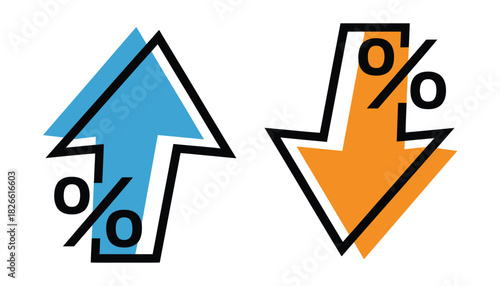 Percent with arrows up and down, including rising and falling percentage icons, growth and reduction symbols, financial elements for banking, credit, interest rates, business, and vector illustrations