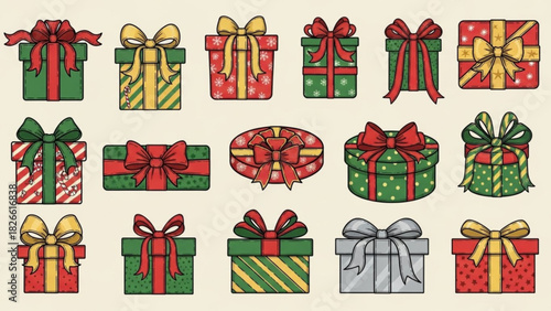 Festive assortment of colorful christmas gift boxes with ribbons and bows in various shapes and sizes for holiday celebrations and giving joy