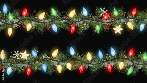 Festive christmas lights and garland border on a black background creating a cheerful holiday atmosphere for seasonal designs and celebrations