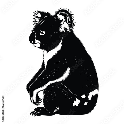 Black and white illustration of a koala sitting