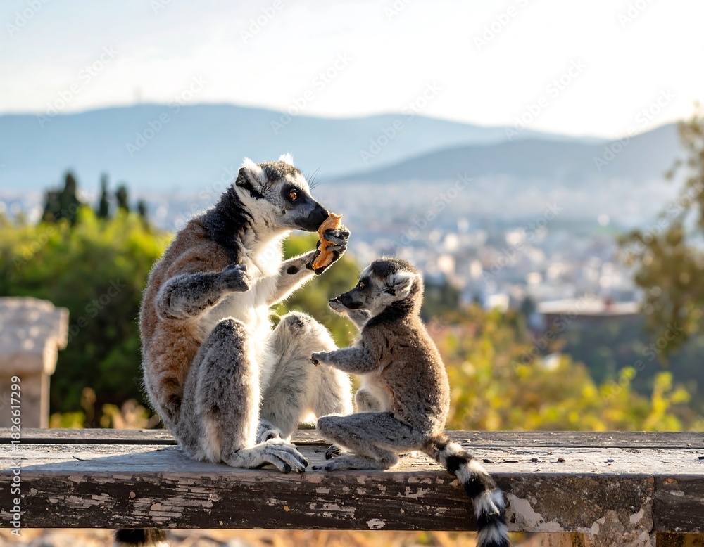 Obraz premium Two lemurs sit together on a wooden platform. One shares food against an out-of-focus city backdrop