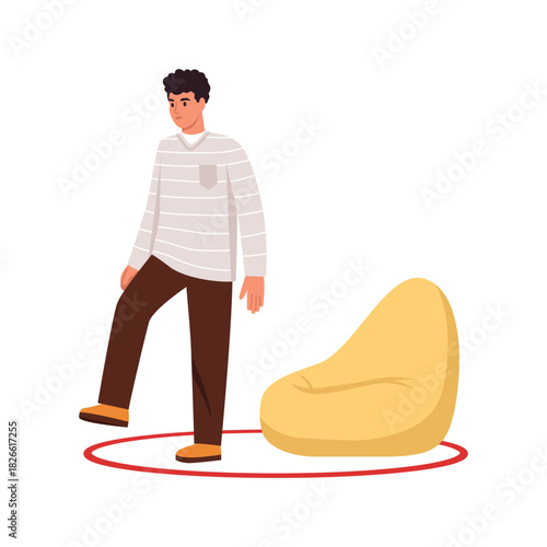 Vector illustration of getting out of comfort zone. Cartoon scene, young guy with curly hair, wearing striped t-shirt, pants, coming out of a closed red circle, soft chair, isolated on white