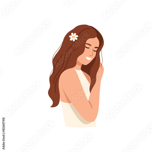 Vector illustration of a gentle, fragile girl. Cartoon scene of a young beautiful girl with a flower in her long hair, a smile, a downcast look, a light dress isolated on a white background.