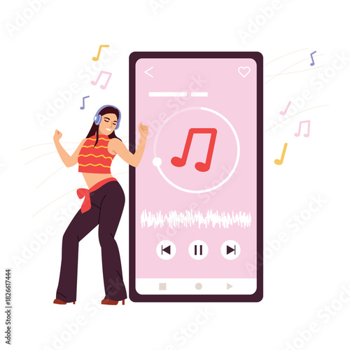 Vector illustration of a beautiful girl listening to music. Cartoon scene of a stylish young girl in headphones dancing passionately, listening to music from a playlist isolated on a white background.