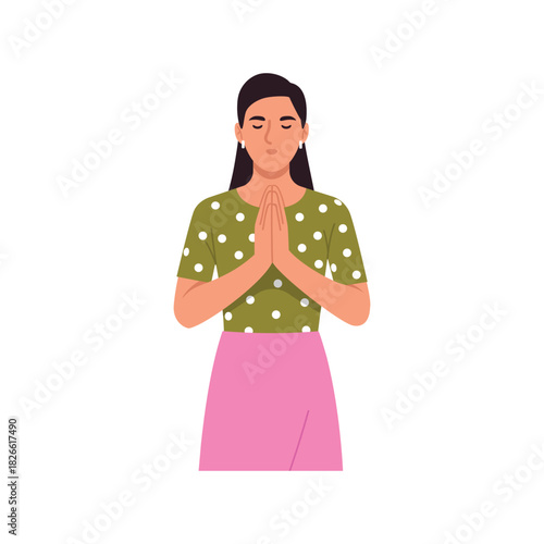 Vector illustration of a young girl praying. Cartoon scene of a girl with folded hands praying, wearing a polka dot t-shirt, skirt, earrings in her ears isolated on a white background. Christianity.