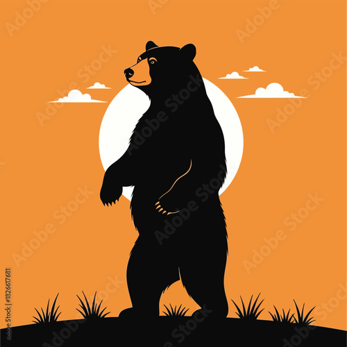 Silhouette of a black bear standing on hind legs against sunset