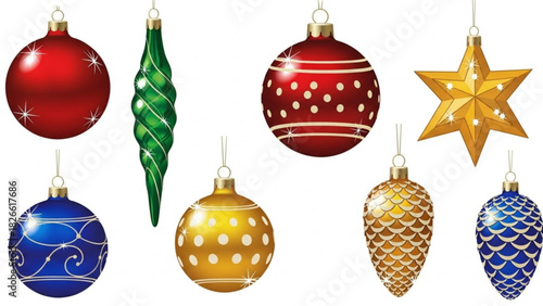 Assorted christmas ornaments in red green gold and blue hanging against a white background for holiday decoration and festive cheer