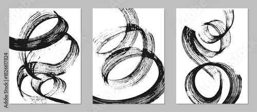 Set of abstract backgrounds. Black ink brush strokes, patterns, posters, cover.