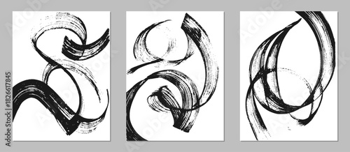 Set of abstract backgrounds. Black ink brush strokes, patterns, posters, cover.