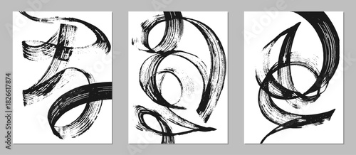 Set of abstract backgrounds. Black ink brush strokes, patterns, posters, cover.