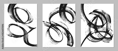 Set of abstract backgrounds. Black ink brush strokes, patterns, posters, cover.