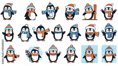 Adorable cartoon penguins wearing winter hats and scarves in a festive holiday pattern for seasonal designs and children's illustrations