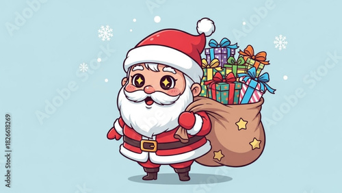 Cartoon santa claus carrying a sack full of colorful christmas presents on a light blue background with snowflakes for holiday cheer and joy