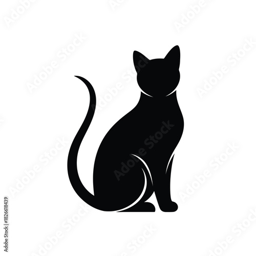 Black cat silhouette sitting with a long curved tail