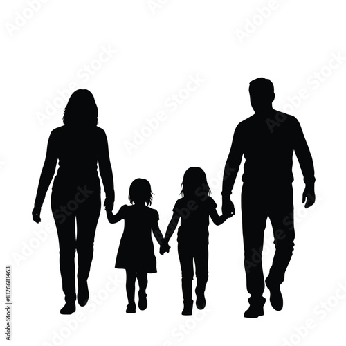 Silhouette of a family of four walking together