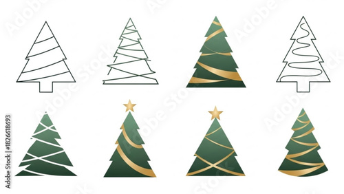 Elegant christmas tree design variations with gold ribbon and star accents on a clean white background for festive holiday celebrations