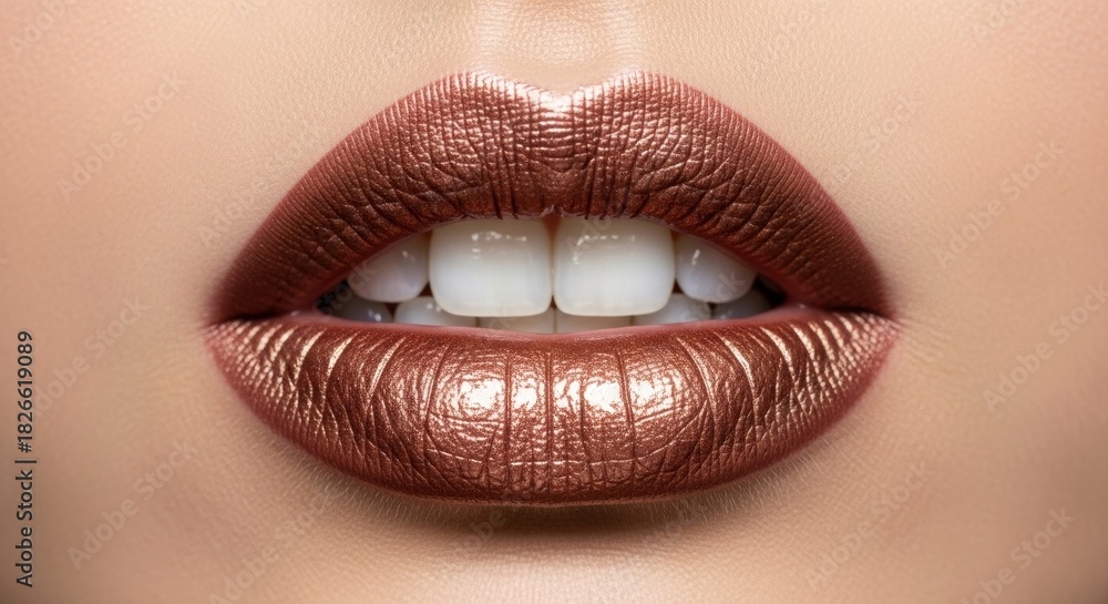 Fototapeta premium Close-up of woman's lips with metallic bronze lipstick and white teeth