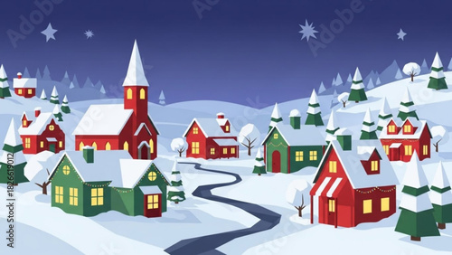 Charming winter village scene with snowcovered houses church and trees under a starry night sky creating a festive holiday atmosphere