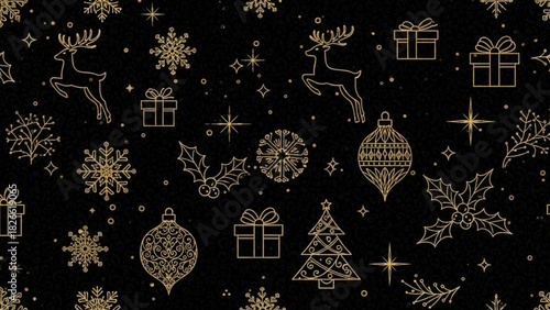 Elegant christmas pattern with golden reindeer snowflakes ornaments gifts and holly on a black background for festive holiday designs