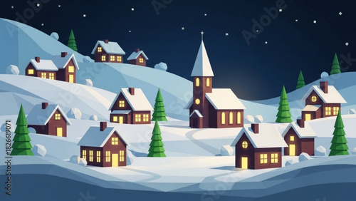 Low poly winter village scene with snowcovered houses and church under a starry night sky creating a peaceful holiday atmosphere