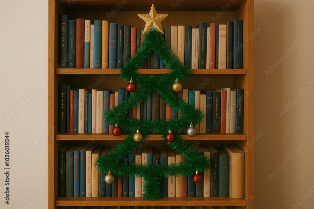 Naklejka premium Festive bookshelf with garland christmas tree and star ornament