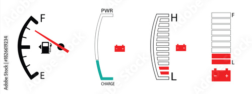 Fuel gauge icon. Gasoline indicator. Fuel indicator. Battery indicator. Car battery indicator. Vector illustration