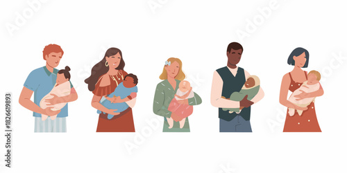 Diverse parents holding newborn babies in wraps isolated on white background