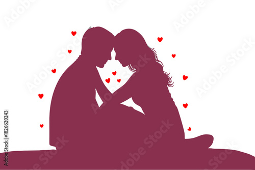 Silhouette couple embracing surrounded by hearts, symbolizing love and romance