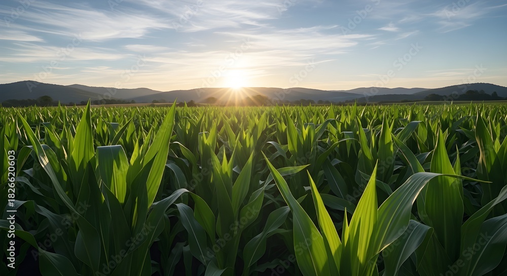 Fototapeta premium Golden hour over cornfield a serene agricultural landscape with mountains and a beautiful sunset in the background