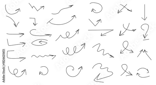 Arrows, circles and spirals, black and white sketch. Vector illustration. Arrows, crosses, simple drawing, isolated on a white background