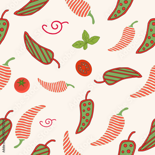 Minimalist Chili Pepper Seamless Pattern Vector Illustration. Red Chili Line Art with Curved Stripe Texture. hot chili pepper. Red chili pepper hand drawn illustration. Vibrant red chili pepper.