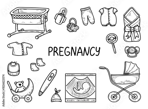 Set of pregnancy elements. Hand drawn doodle vector. Baby items, clothes, toys, crib, pacifier, stroller, rattle. Positive pregnancy test. Ultrasound image. Line art illustration.