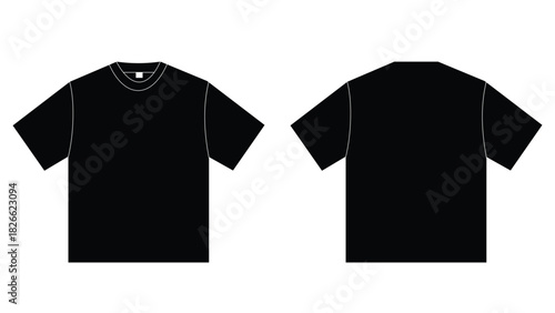 Plain black short sleeve t-shirt front and back view vector mockup template