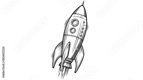 Vector of a retro-style rocket ship, black and white line art, smooth contours, space theme, no background