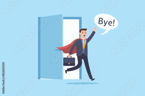 Superhero businessman leaving job saying goodbye with cape and briefcase