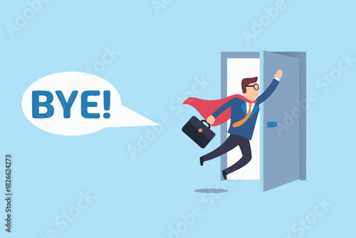 Cartoon businessman leaving job wearing cape and saying goodbye