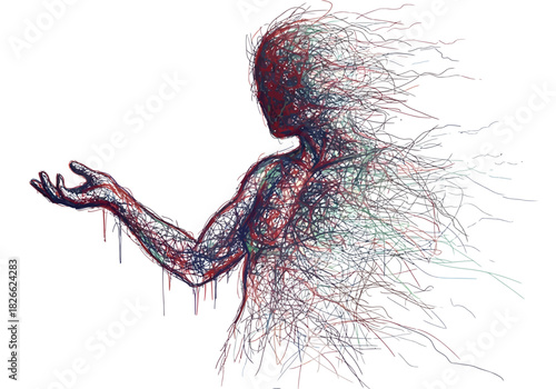 Abstract human form dissipating into fine multicolored lines against white