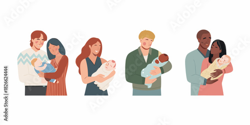 Diverse families holding newborn babies with love and affection illustration