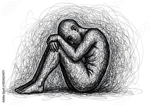 Black and white drawing of a hunched figure enclosed by chaotic scribbles