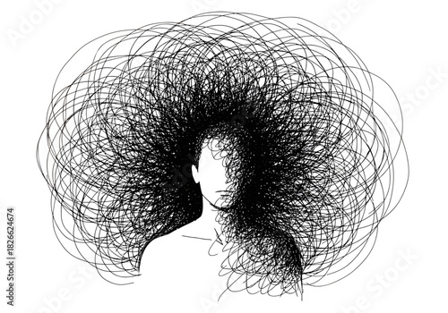Black and white illustration of a faceless figure with an enormous mass of chaotic scribbled hair