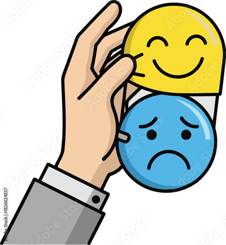Hand holding happy face mask over sad one portraying emotional manipulation in business context