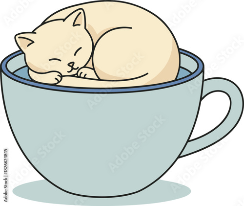 A cute kitten sweetly sleeping curled up comfortably inside a large teacup looking peaceful and cozy