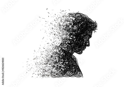 Black scribble silhouette of a profile disintegrating into particles against white
